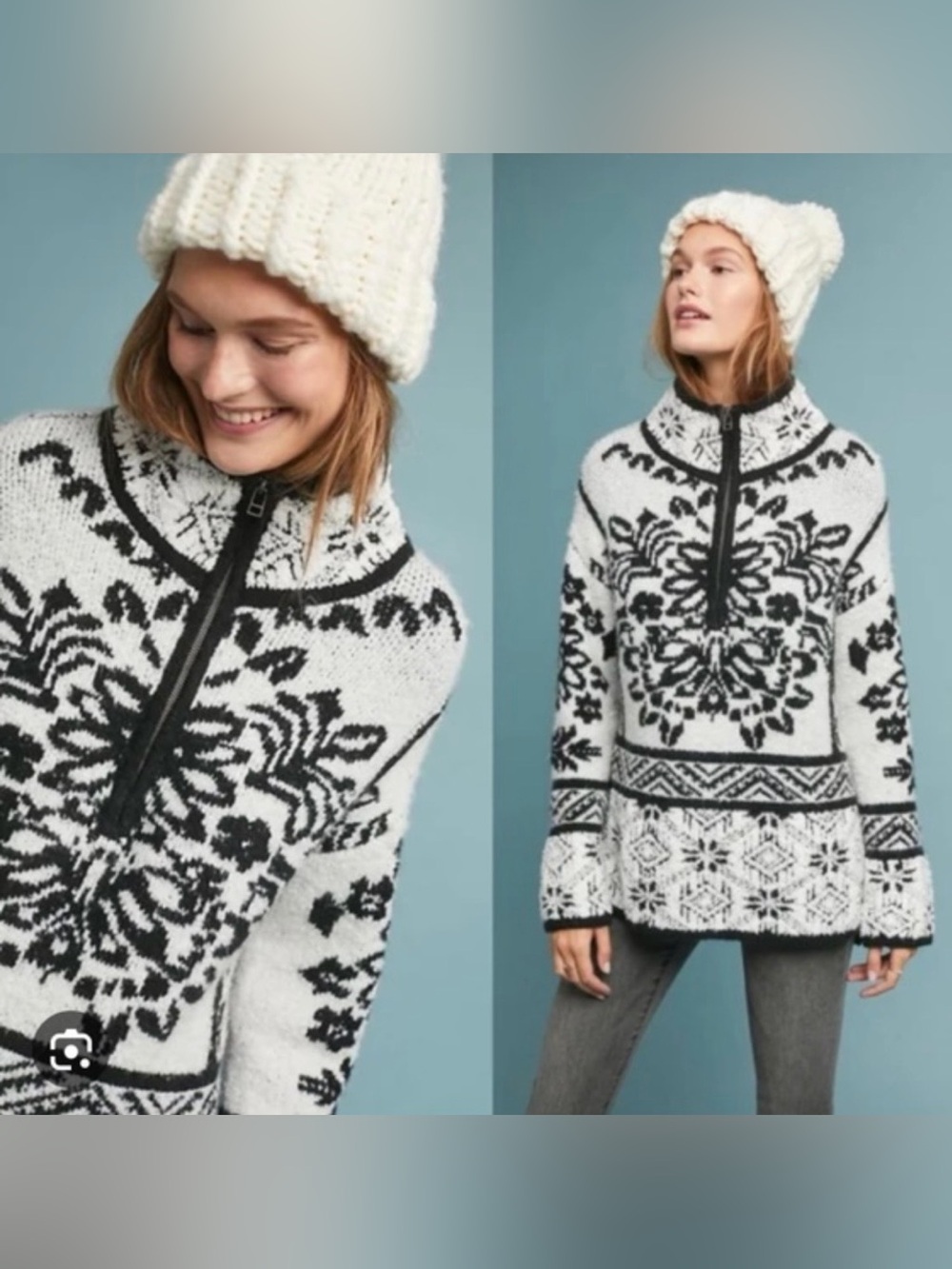 Anthropologie Moth Alaskan Half-Zip Nordic Print Sweater White Black Small $248